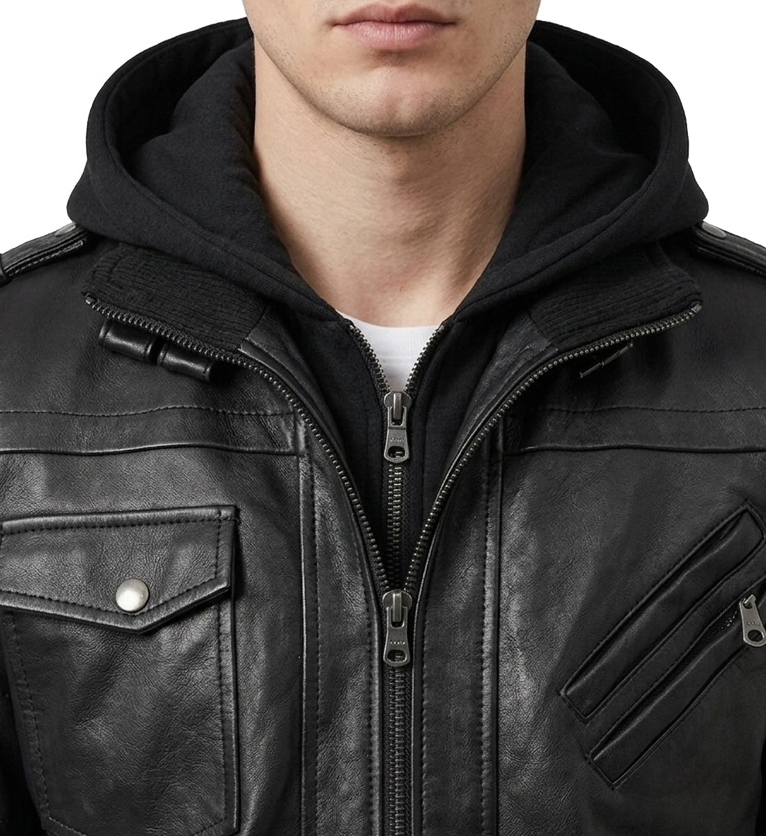 Close-up of a black leather jacket with a hood on a white background