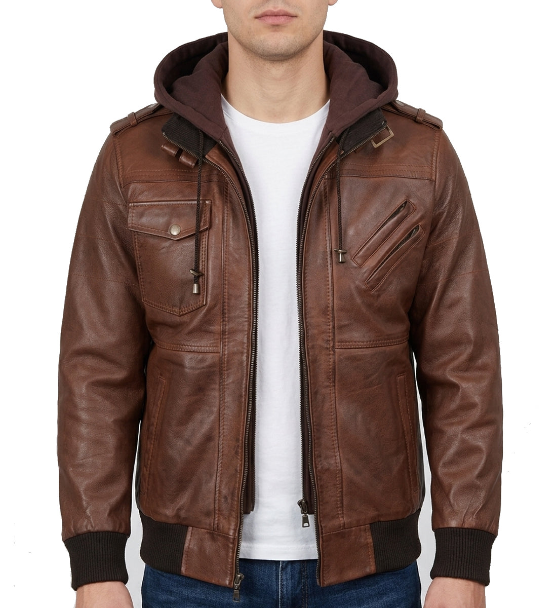 Hoodedleatherjacketmenbrown
