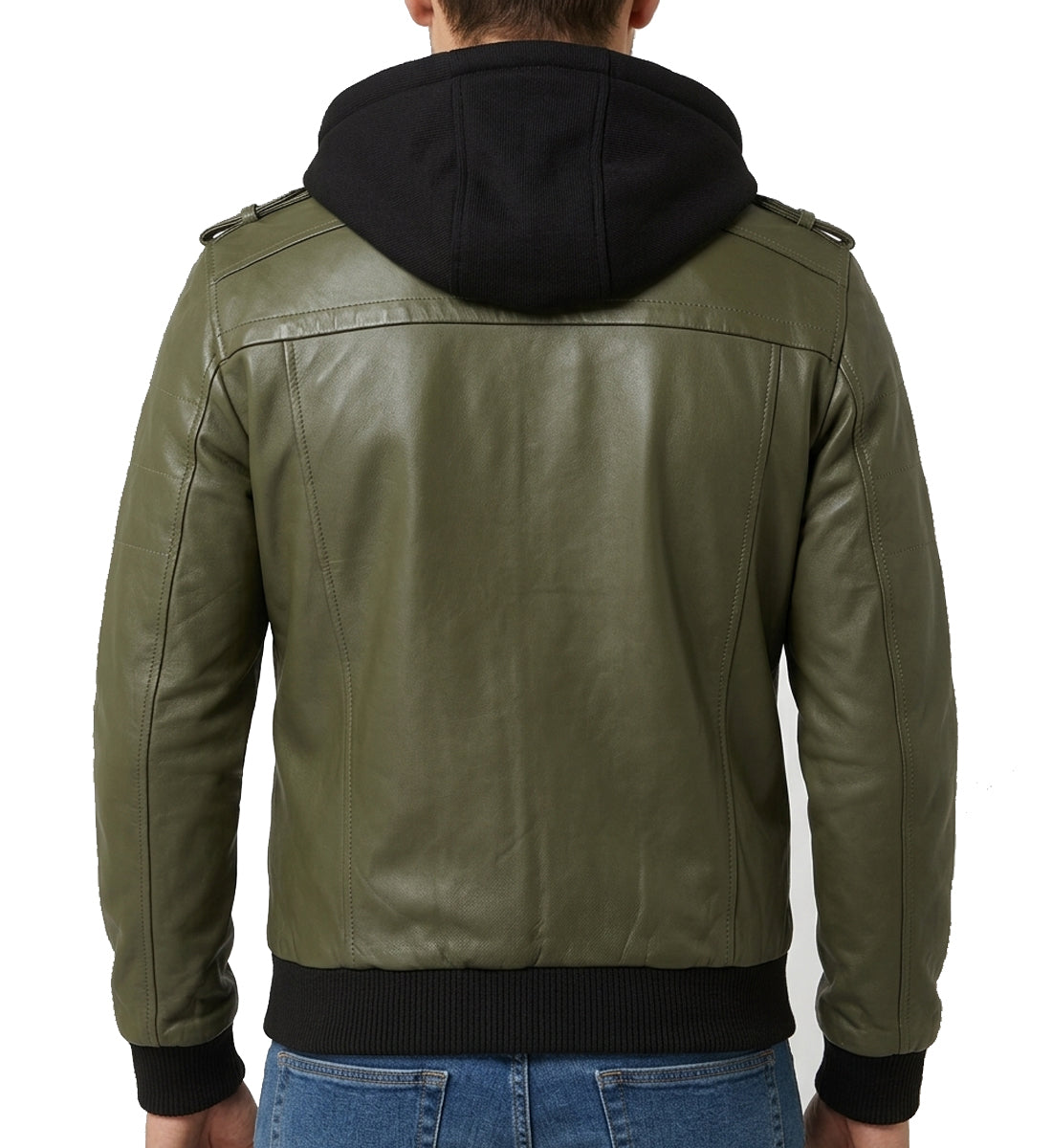 Men's Green Leather Jacket with Removable Hood – Genuine Leather
