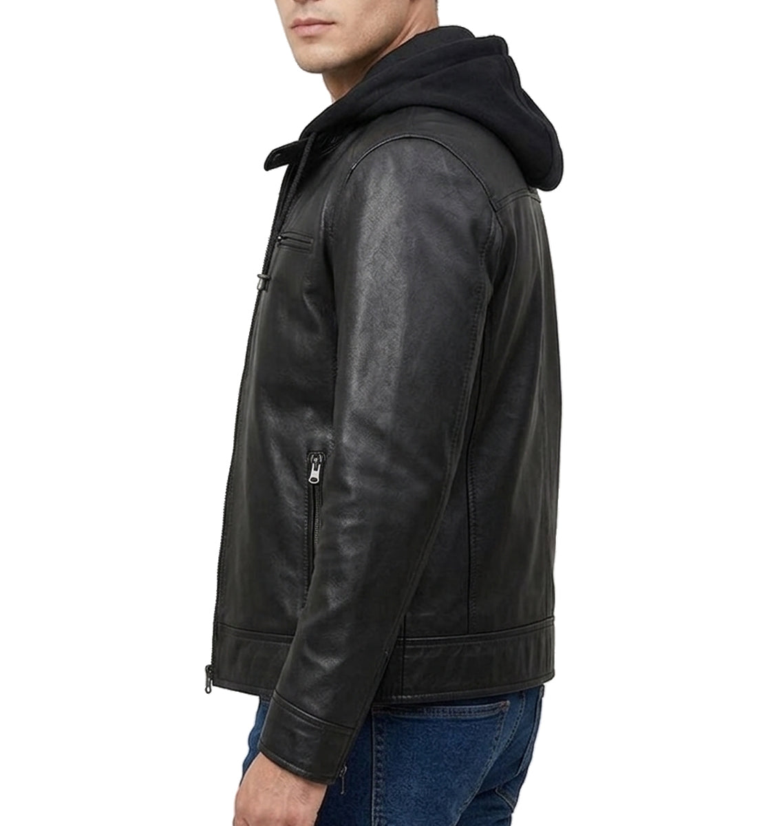 Men's Cafe Racer Black Leather Jacket with Removable Hood – Real Lambskin