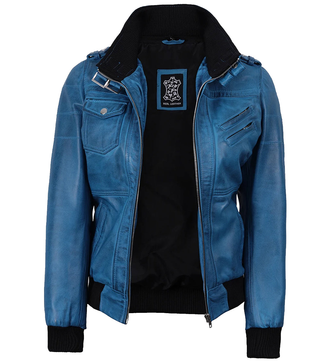 Women's Real Blue Leather Bomber Jacket with Detachable Hood