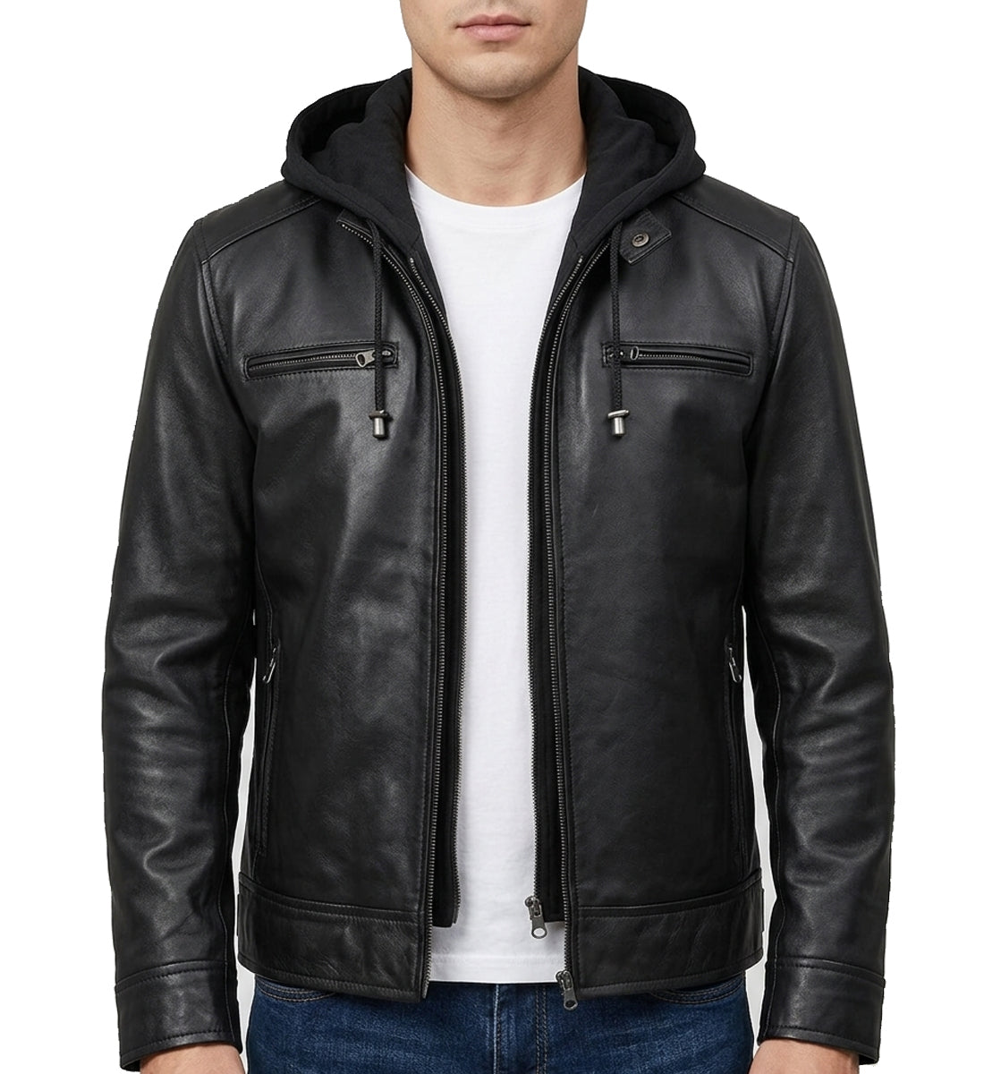 BlackLeatherJacketMen-RealLambskinHoodedMensLeatherBomberJackets