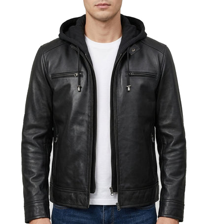 BlackLeatherJacketMen-RealLambskinHoodedMensLeatherBomberJackets