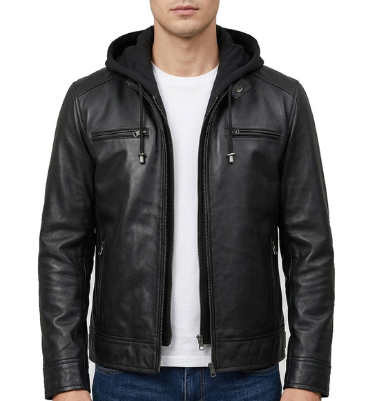BlackLeatherJacketMen-RealLambskinHoodedMensLeatherBomberJackets