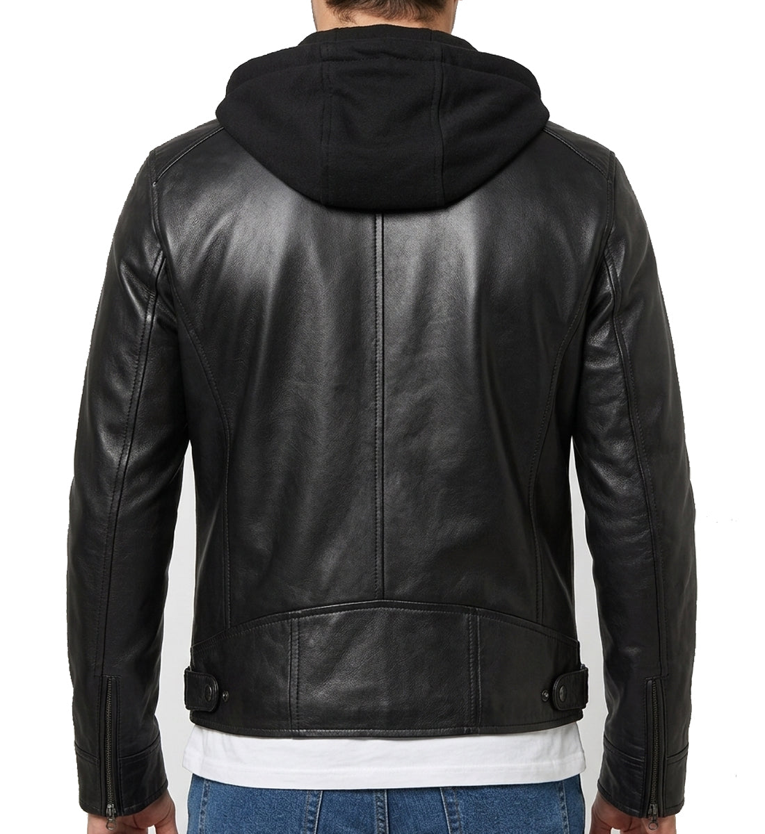 Men's Cafe Racer Black Leather Jacket with Removable Hood – Real Lambskin