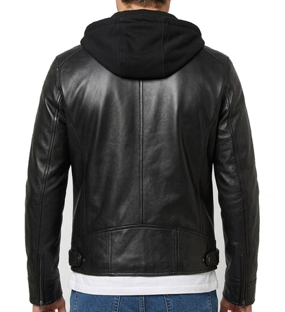 Men's Cafe Racer Black Leather Jacket with Removable Hood – Real Lambskin