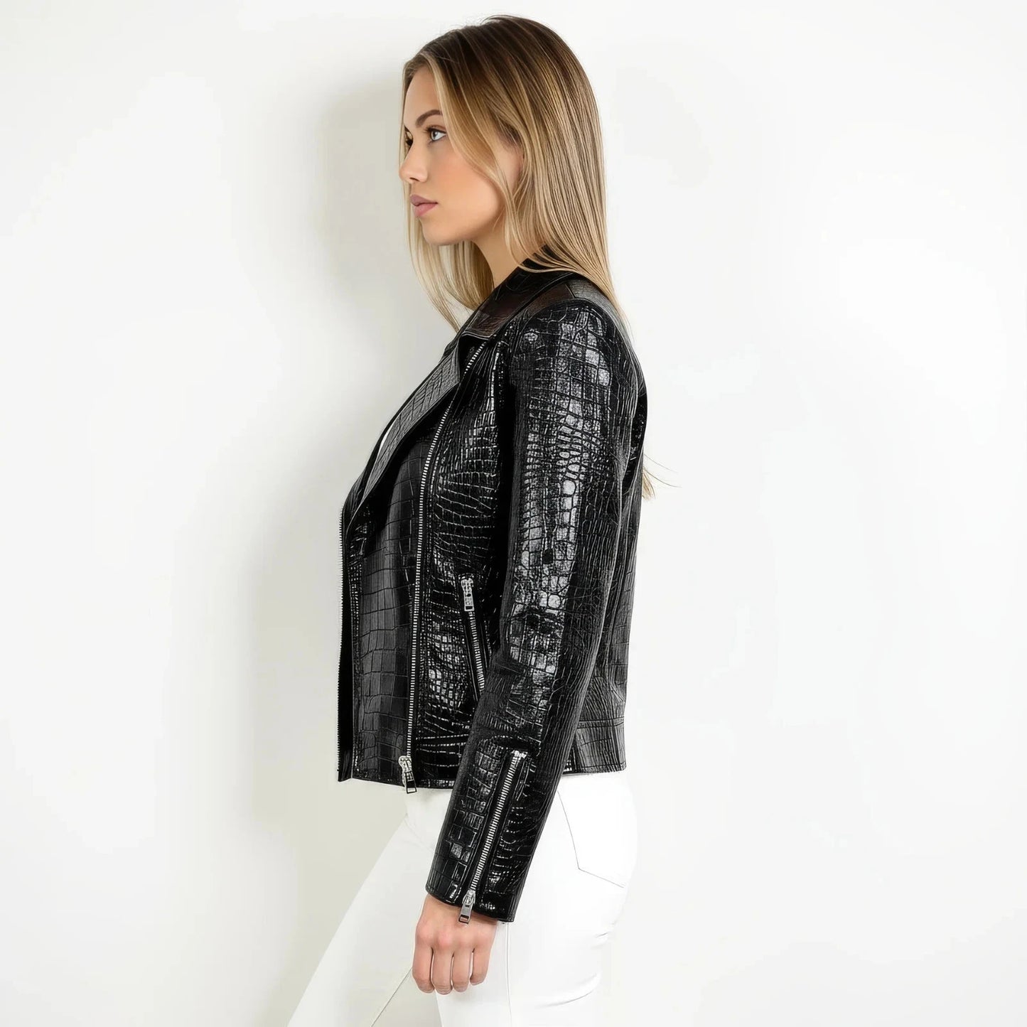 Women’s Black Crocodile Embossed Faux Leather Biker Jacket