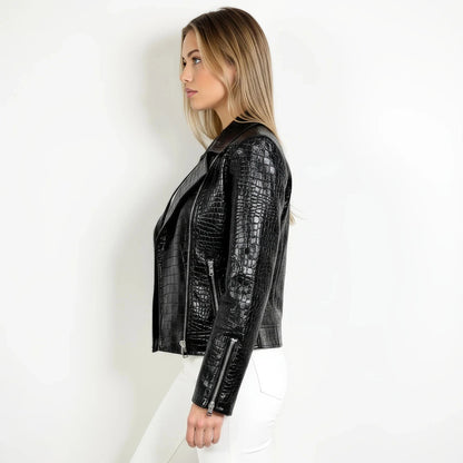 Women’s Black Crocodile Embossed Faux Leather Biker Jacket