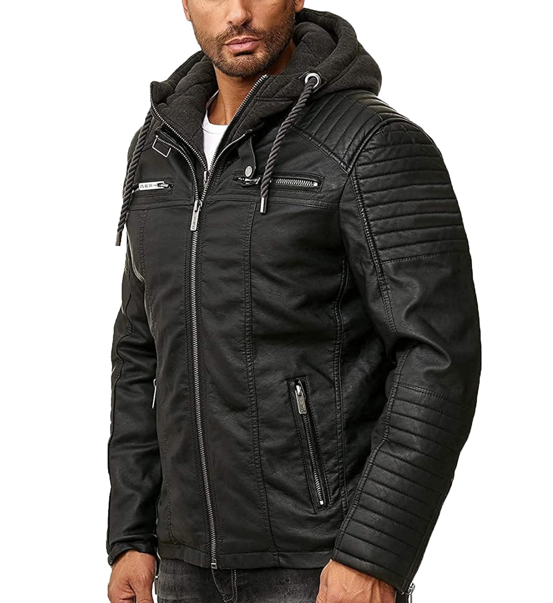 Men's Real Black Leather Biker Jacket with Removable Hood