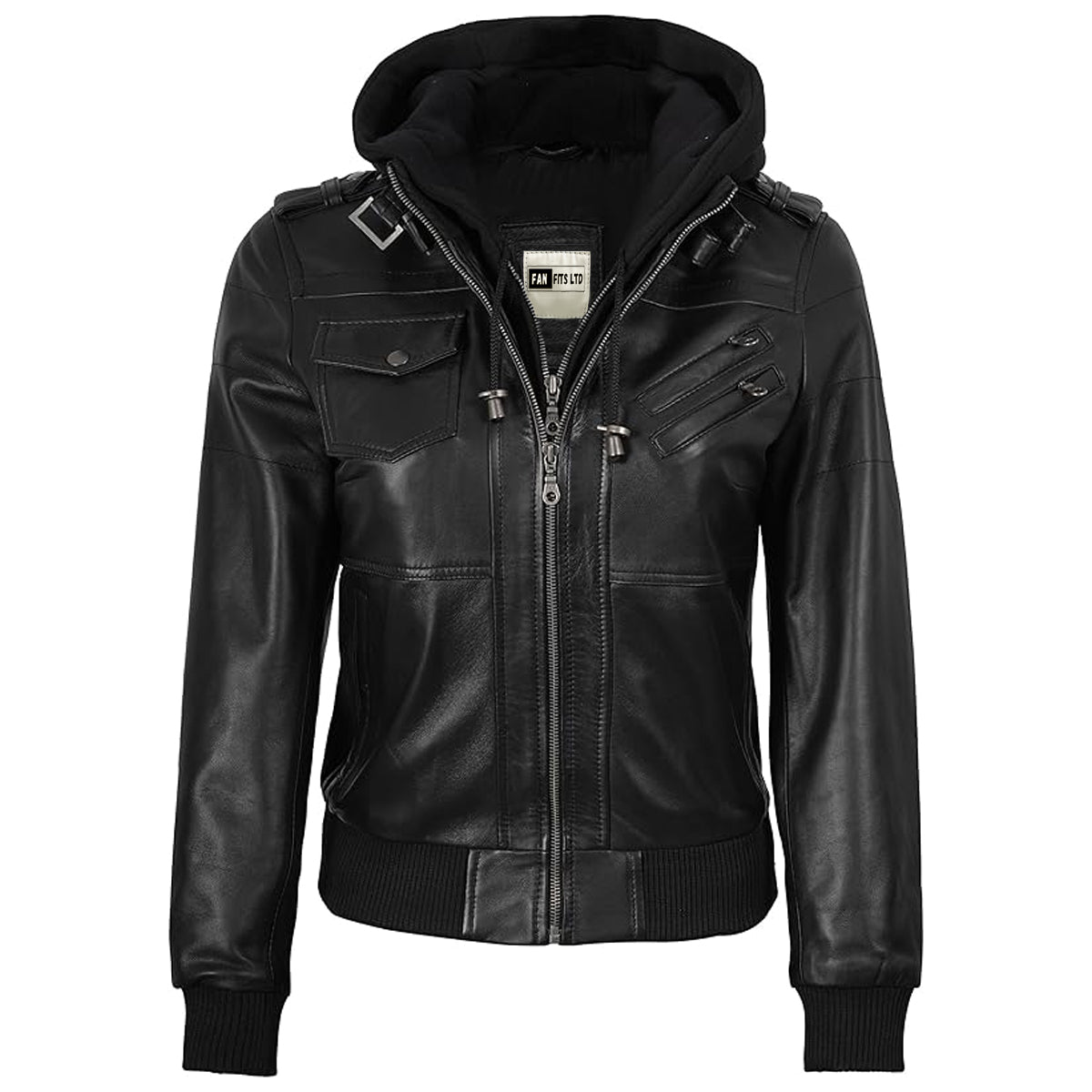 Men Black Leather Motorcycle Bomber Jacket with Removable Hood