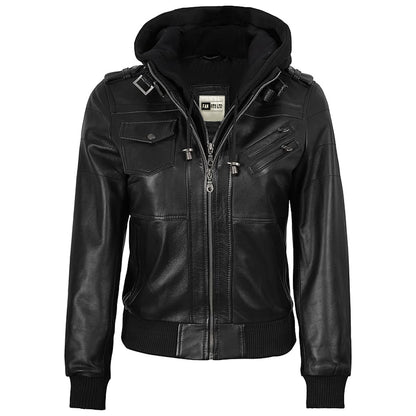 Men Black Leather Motorcycle Bomber Jacket with Removable Hood
