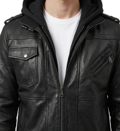 Black leather jacket with a hood on a white background