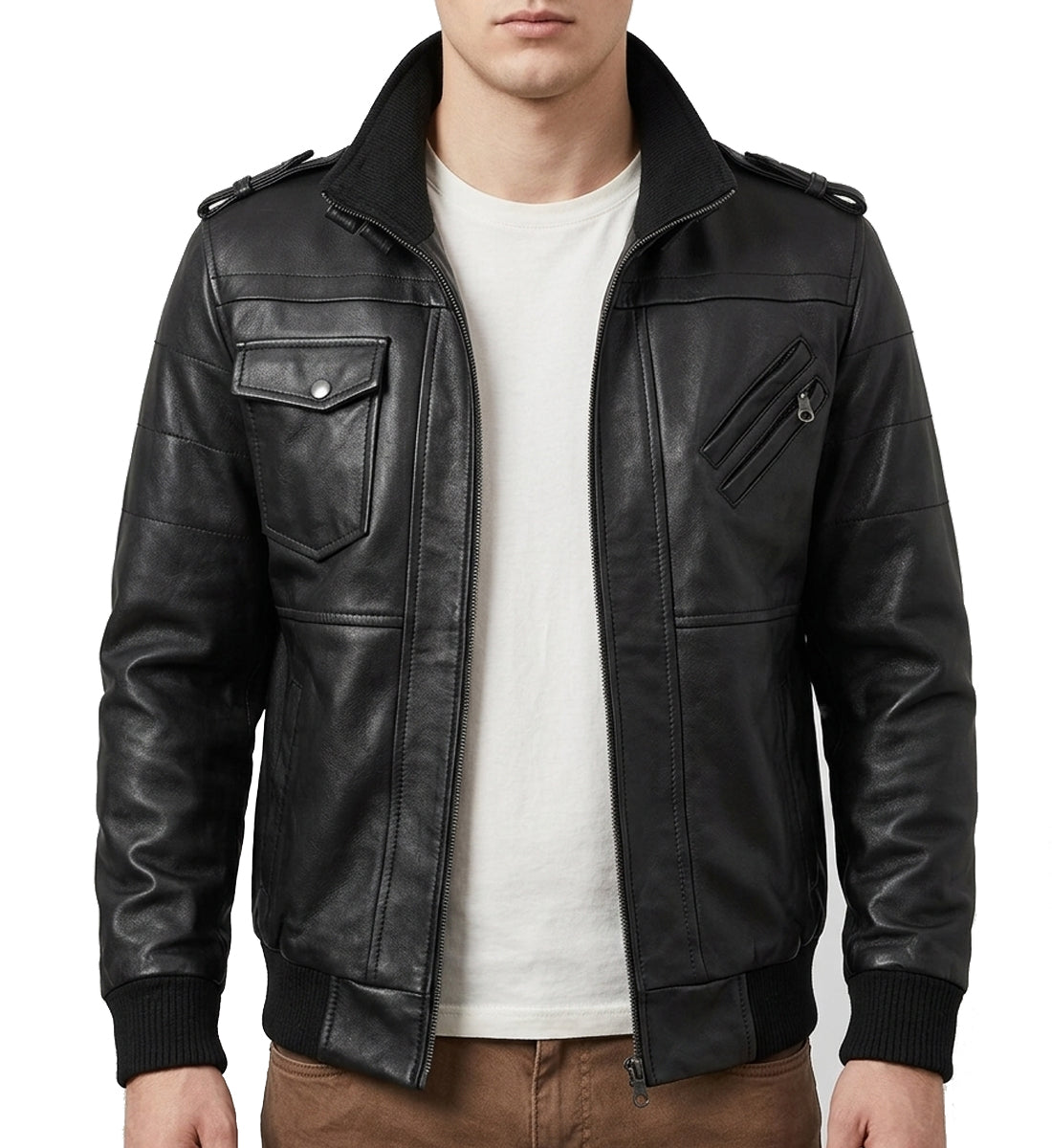 Black leather jacket worn by a person on a white background