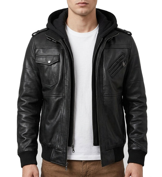 Black leather jacket with a hood worn by a person on a white background