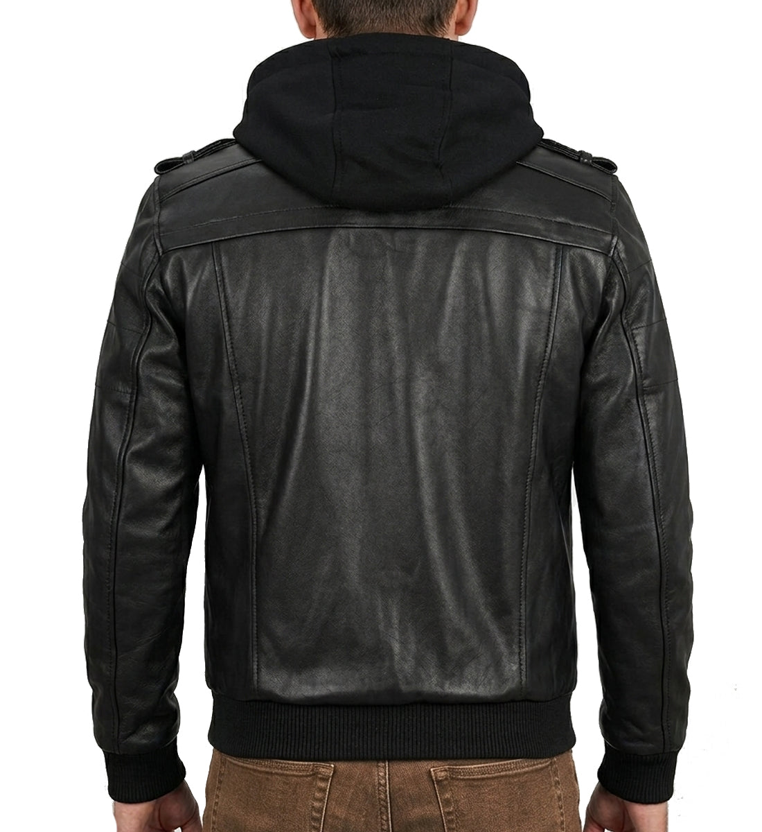 Black leather jacket with a hood on a white background