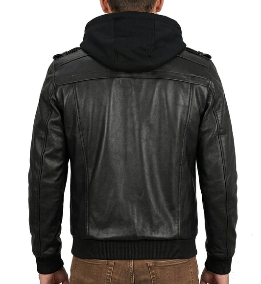 Black leather jacket with a hood on a white background