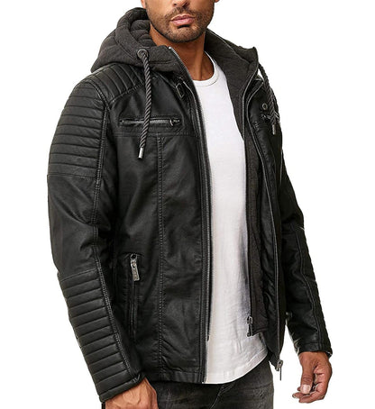 Men's Real Black Leather Biker Jacket with Removable Hood