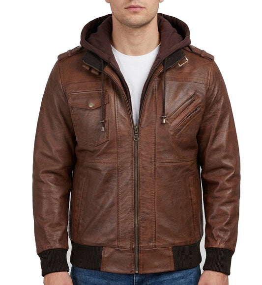 Leatherjacketwithremoveblehoodbrown