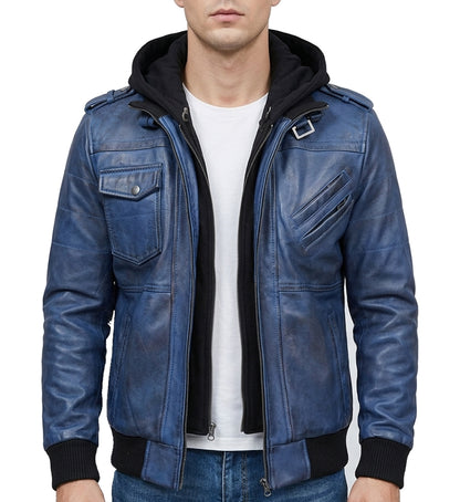 MenHoodedBlueBomberLeatherJacket