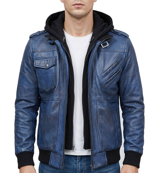 MenHoodedBlueBomberLeatherJacket