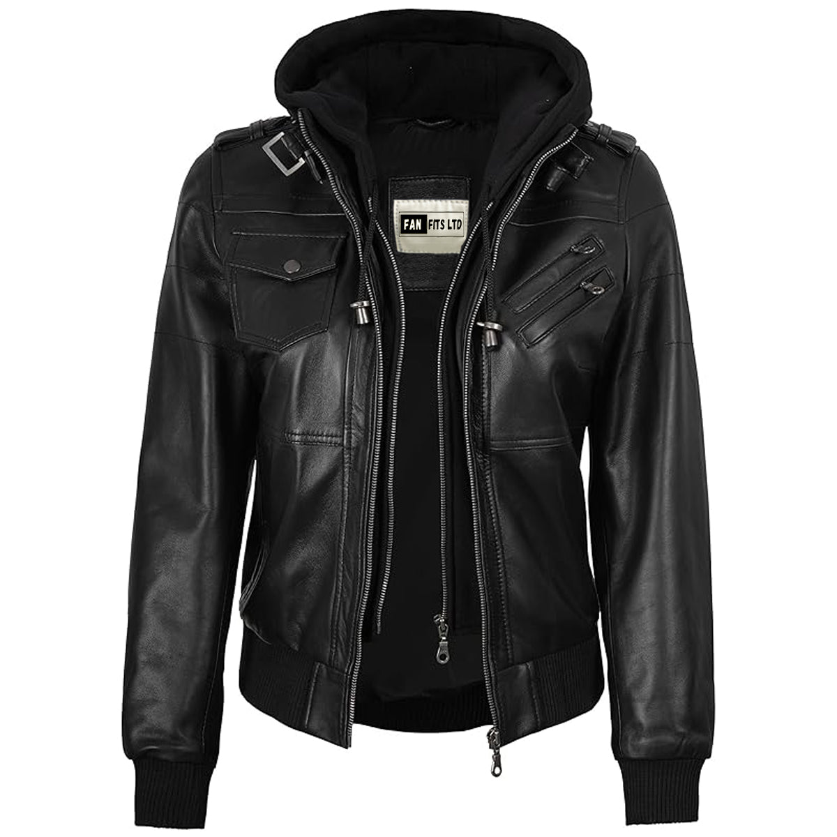 Men Black Leather Motorcycle Bomber Jacket with Removable Hood