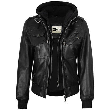 Men Black Leather Motorcycle Bomber Jacket with Removable Hood