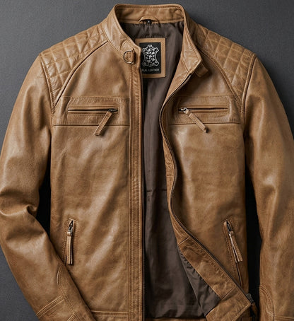 Men's Camel Brown Distressed Café Racer Leather Jacket – Premium Genuine Leather