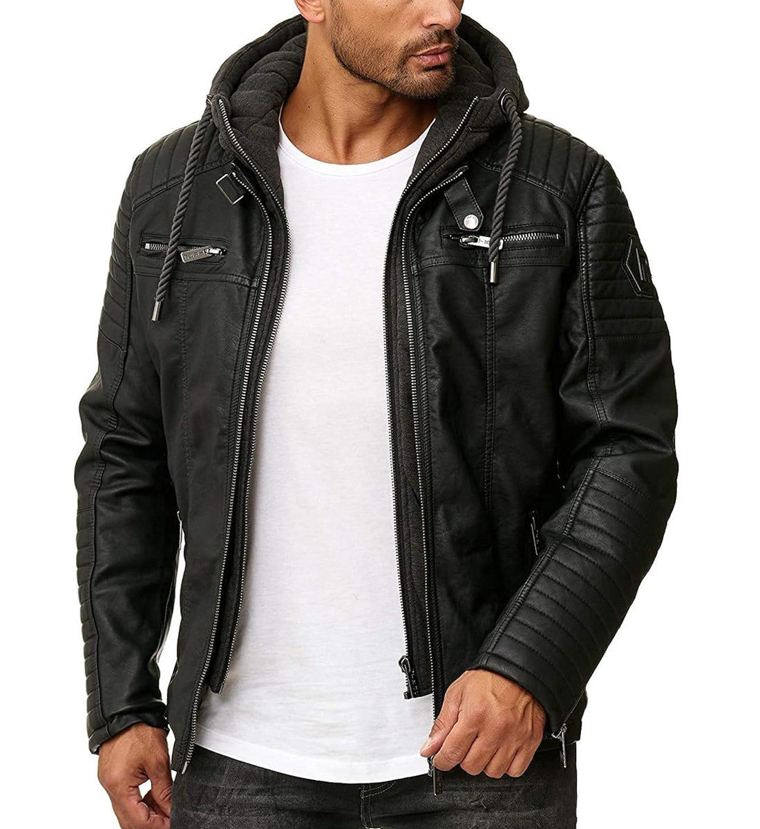 Men Real Black Leather Biker Jacket with Removable Hood Genuine_Lambskin_Motorcycle_Coat_UK