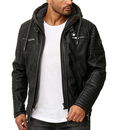 Men Real Black Leather Biker Jacket with Removable Hood Genuine_Lambskin_Motorcycle_Coat_UK