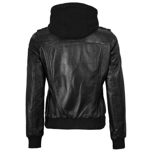 Men Black Leather Motorcycle Bomber Jacket with Removable Hood