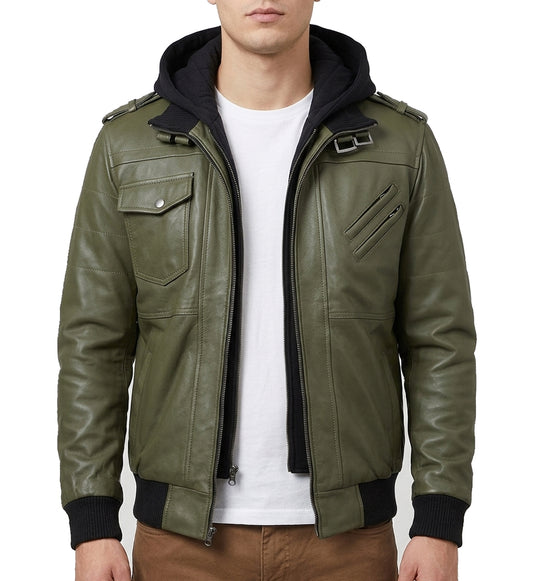Men_sLeatherJacketWithRemovableHoodGreen-HoodedMotorcycleJacketMens