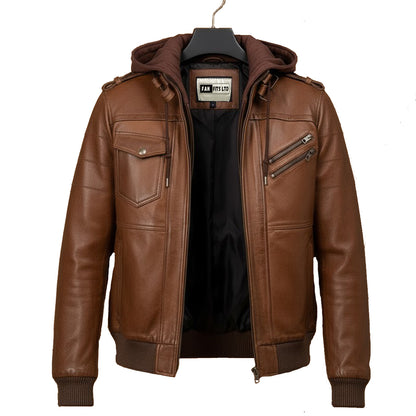 Men’s Brown Leather Motorcycle Bomber Jacket with Removable Hood