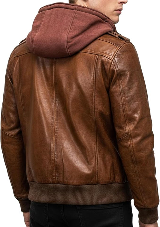 Men’s Brown Leather Motorcycle Bomber Jacket with Removable Hood