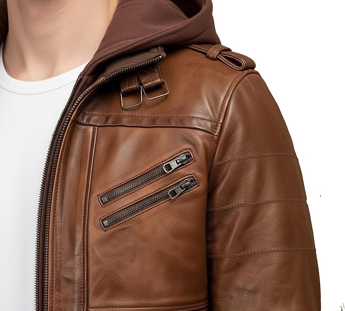 Men’s Brown Leather Motorcycle Bomber Jacket with Removable Hood