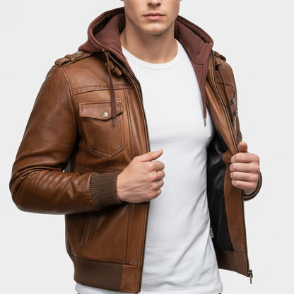 Men’s Brown Leather Motorcycle Bomber Jacket with Removable Hood
