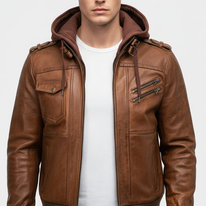 Men’s Brown Leather Motorcycle Bomber Jacket with Removable Hood