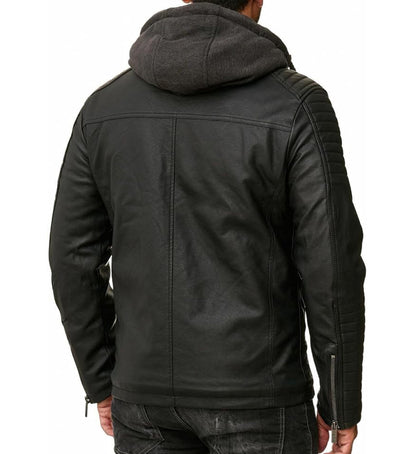 Mens Hooded Leather Jacket Real Lambskin Detachable Hood Zip_Closure_Black_Biker_Coat_UK