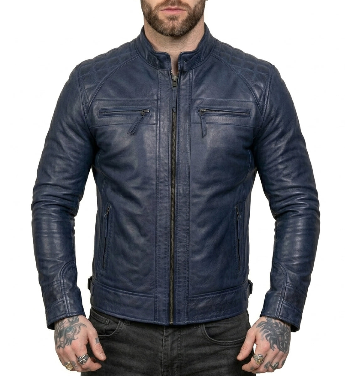 Men's Navy Blue Wax Café Racer Leather Jacket – Premium Genuine Leather