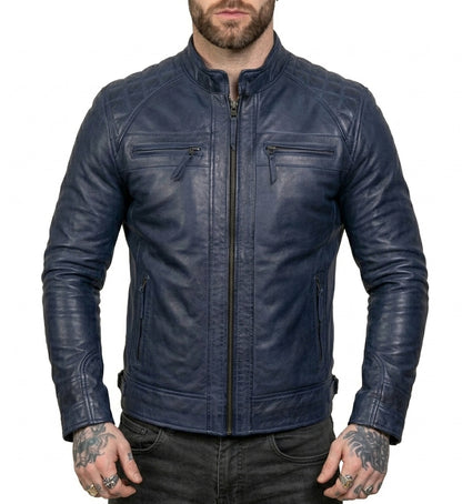 Men's Navy Blue Wax Café Racer Leather Jacket – Premium Genuine Leather