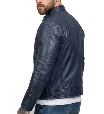 Men's Navy Blue Wax Café Racer Leather Jacket – Premium Genuine Leather
