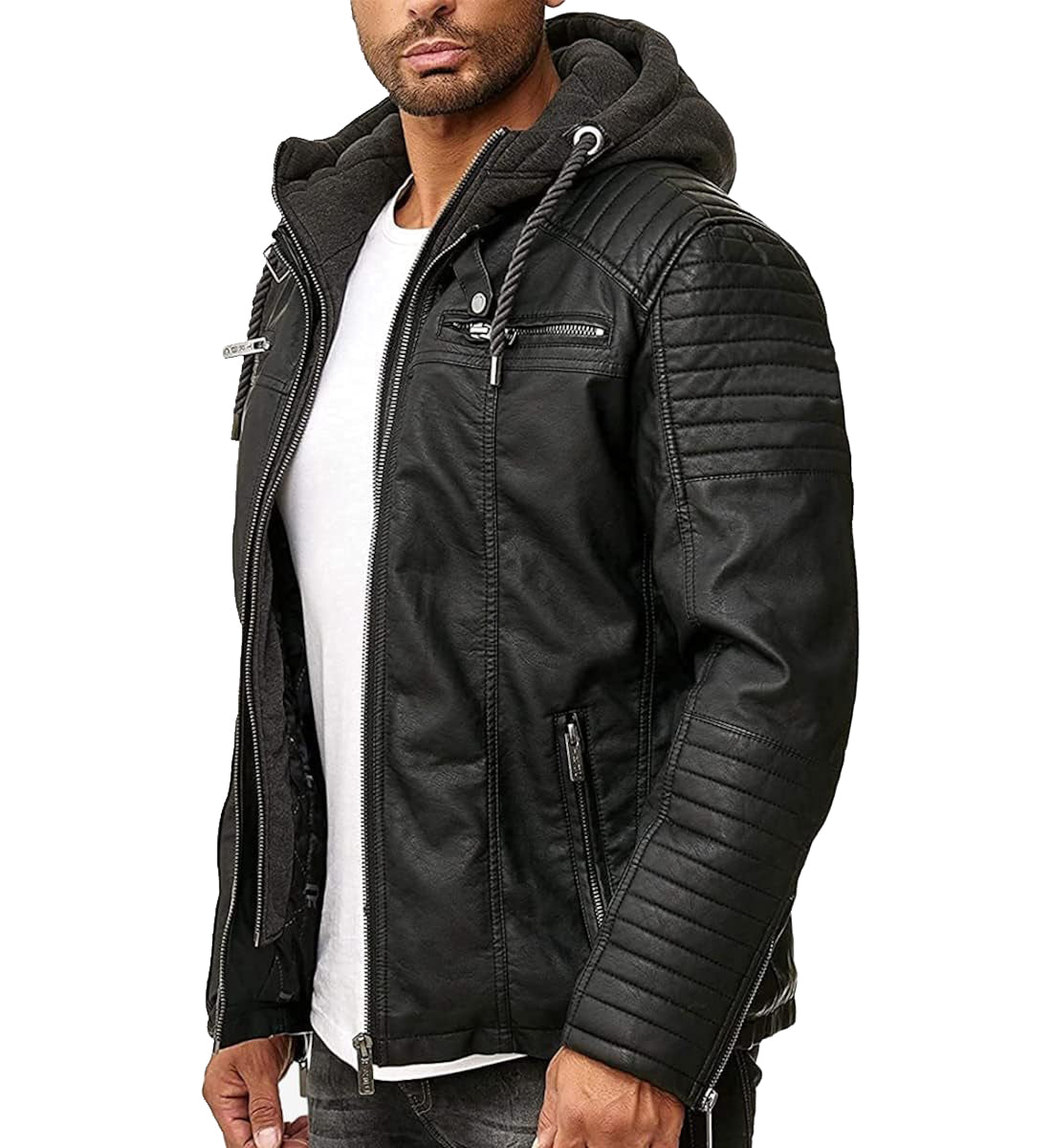 Men's Real Black Leather Biker Jacket with Removable Hood