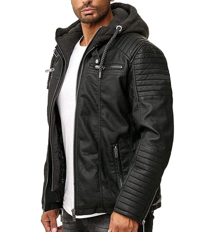 Men's Real Black Leather Biker Jacket with Removable Hood