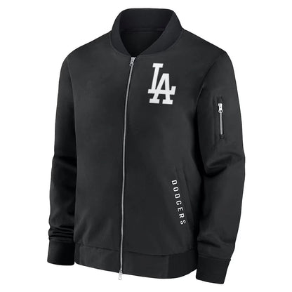 Mens-LA-Dodgers-Black-Collection-Dugout-Relaxed-Full-Zip-Bomber-Jacket-In-hand