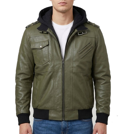 MensLeatherJacketWithDetachableHood-RealLambskinGreenLeatherJacketMen