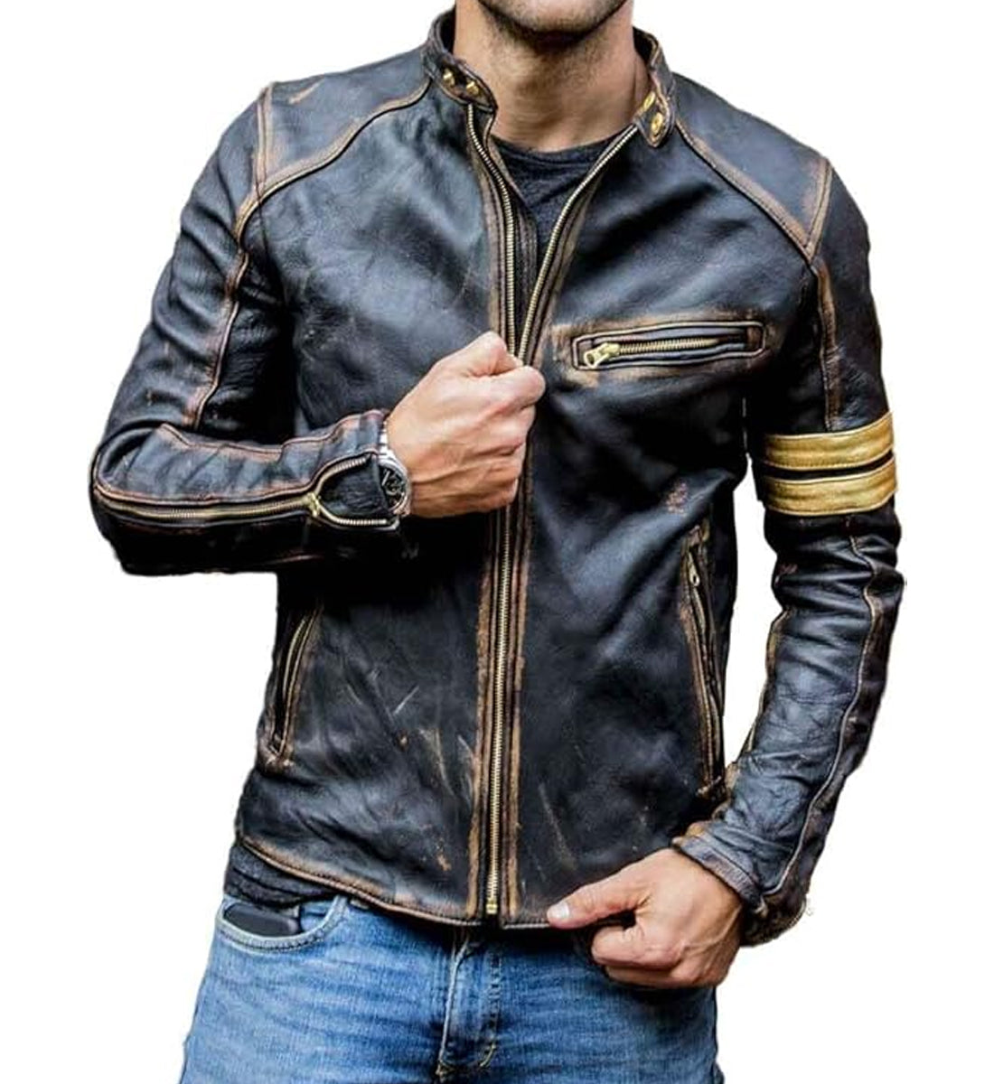 Mens Real Leather Biker Café Racer Vintage Motorcycle Jacket