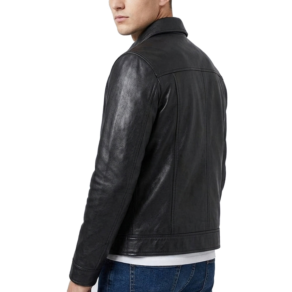 Men's Shirt Collar Black Real Leather Jacket