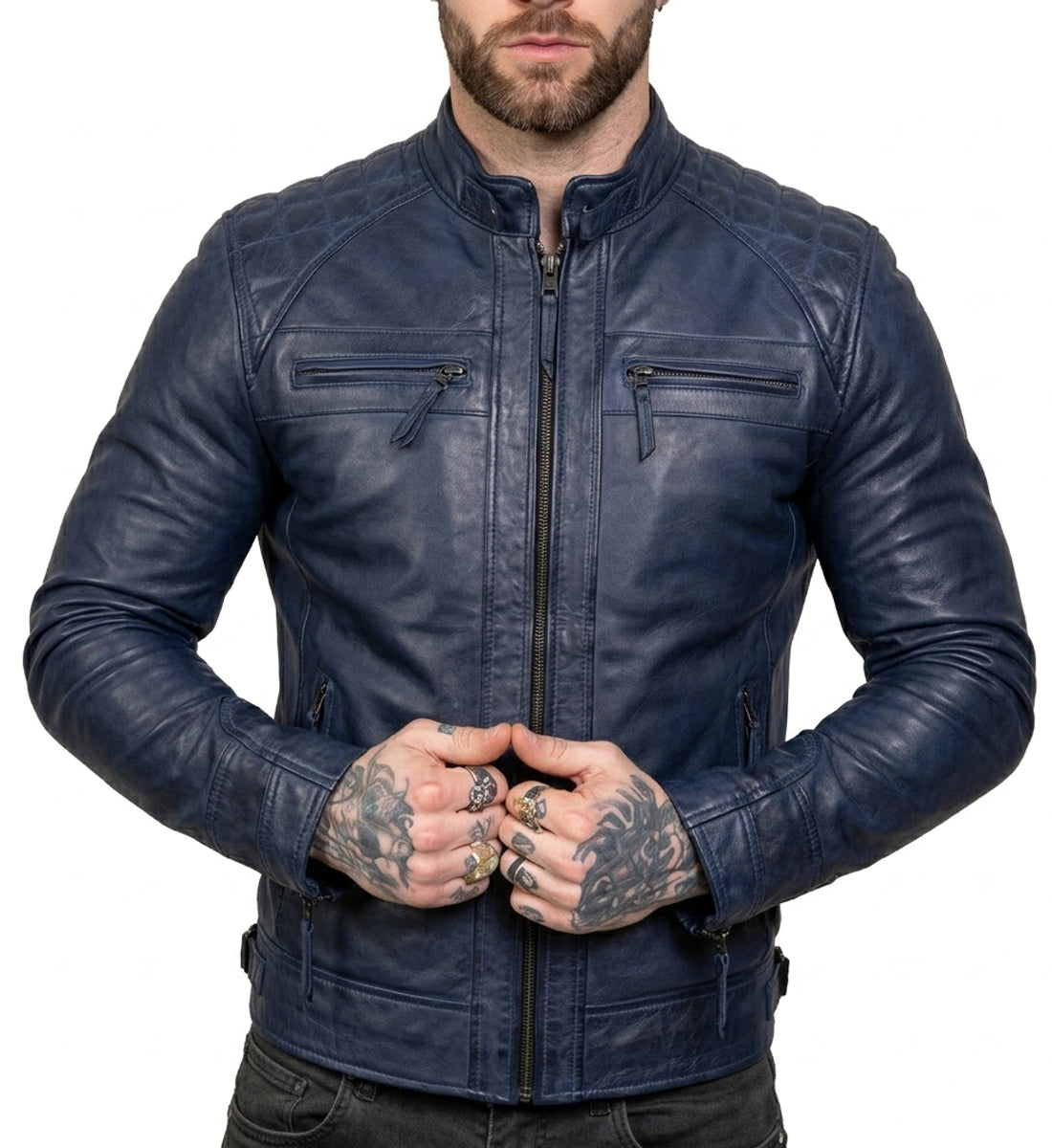 Men's Navy Blue Wax Café Racer Leather Jacket – Premium Genuine Leather