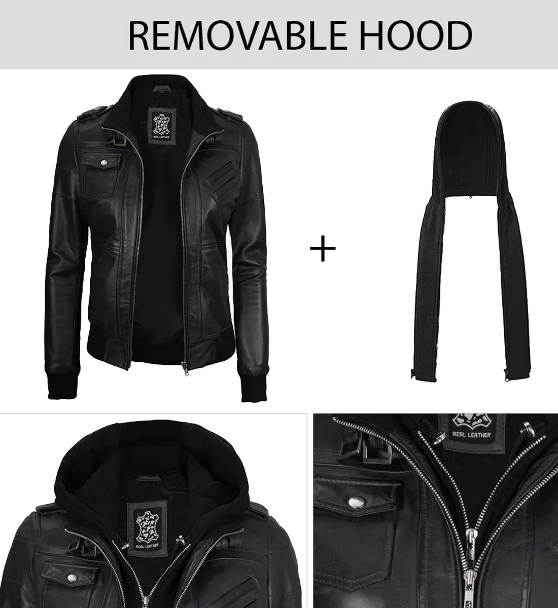 Women's Black Hooded Leather Bomber Jacket Removable Hood