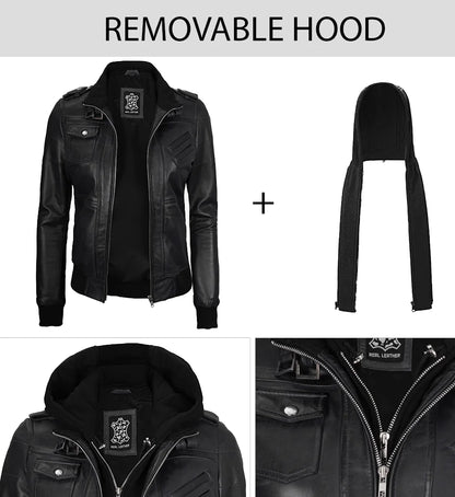 Women's Black Hooded Leather Bomber Jacket Removable Hood