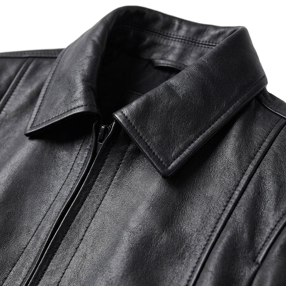 Men's Shirt Collar Black Real Leather Jacket